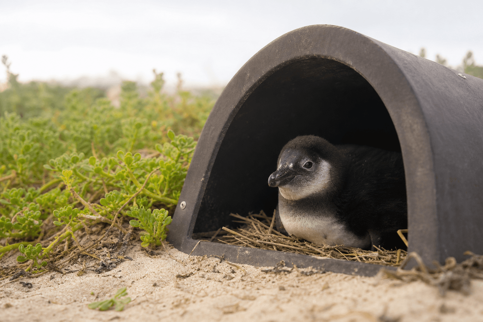 An African penguin chick resting inside a shaded artificial nest.