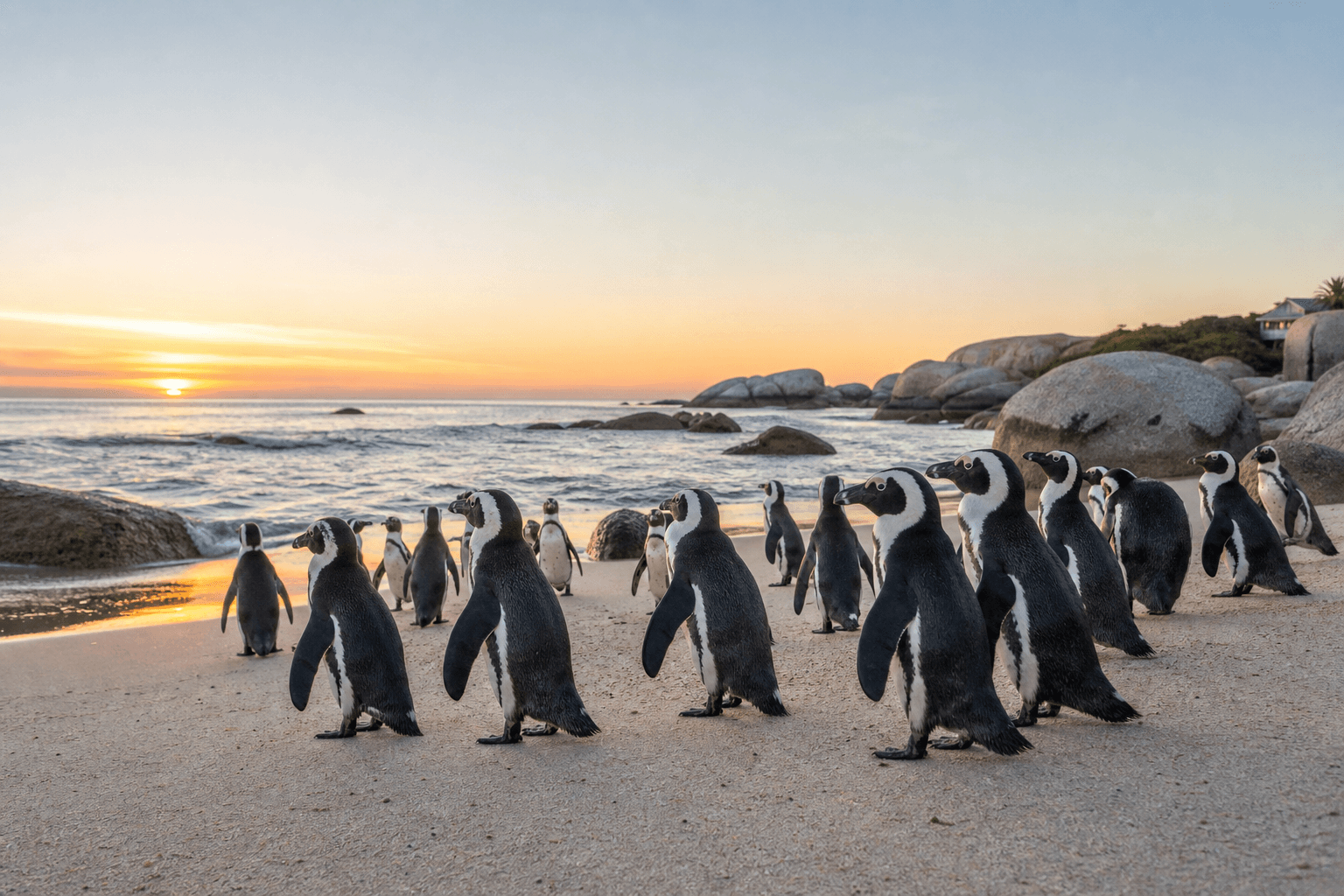 Group of African penguins standing on a sandy South African beach near granite boulders at sunrise.